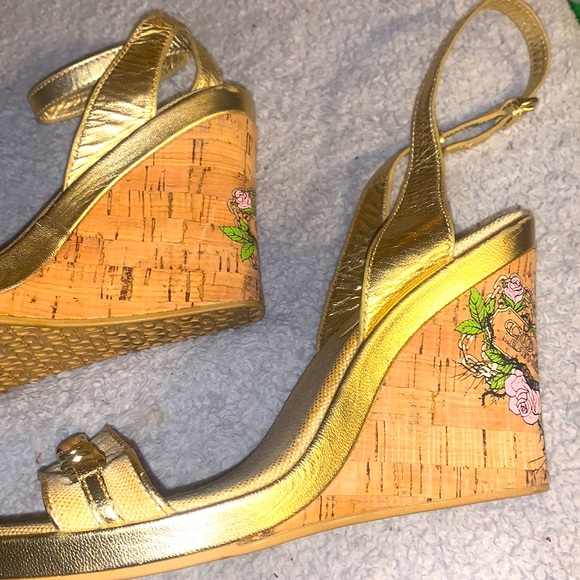 Coach,10-Gold Canvas Ankle Strap Wedges - Picture 2 of 10